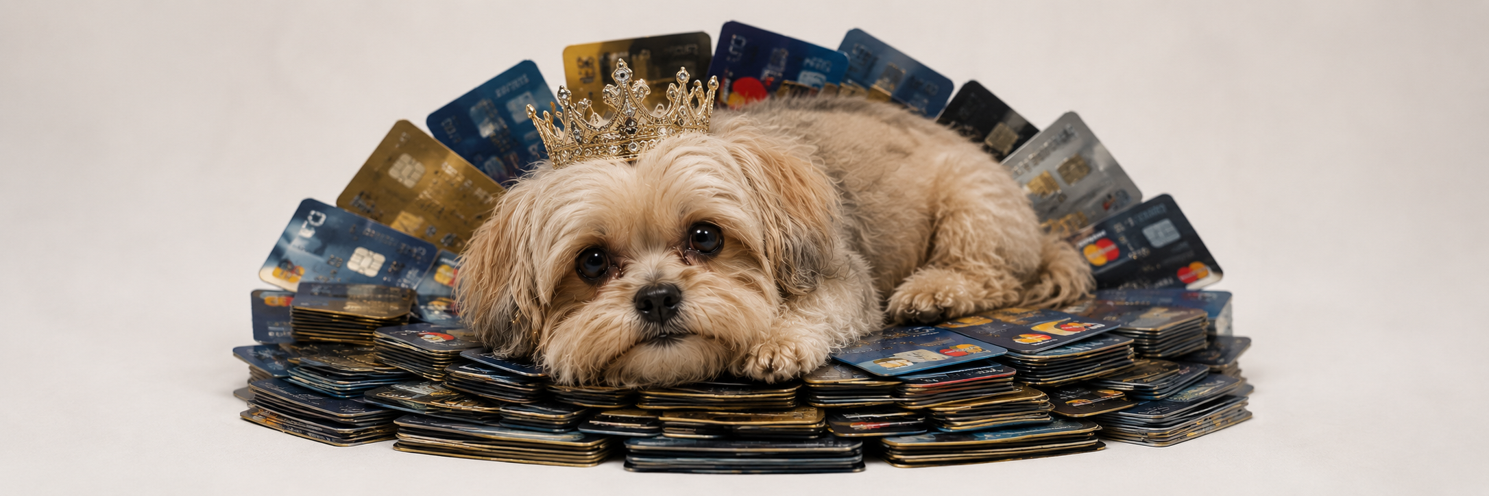 A crowned dog resting on a fan of bank cards